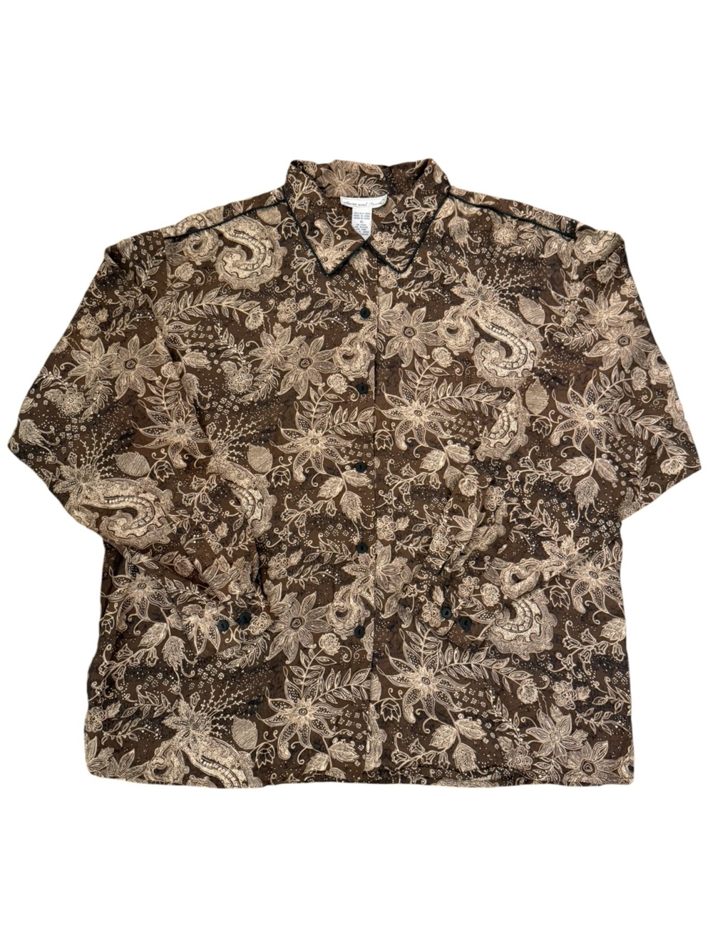 Vintage Anna & Frank Silk Paisley Floral Blouse XL Brown Tan Contrast Piping - Picture 5 of 15